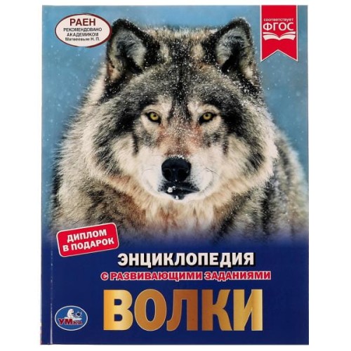 Волки. Энциклопедия А4. 197х255мм, 48 стр.мелов. бумага, тв. переплет, фольга. Умка в кор.15шт