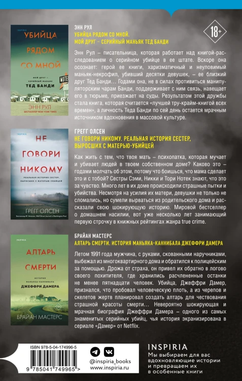 Комплект из 3 книг (Не говори никому. Реальная история сестер, выросших с матерью-убийцей. Убийца рядом со мной. Мой друг — серийный маньяк Тед Банди. Алтарь смерти. История маньяка-каннибала Джеффри Дамера)