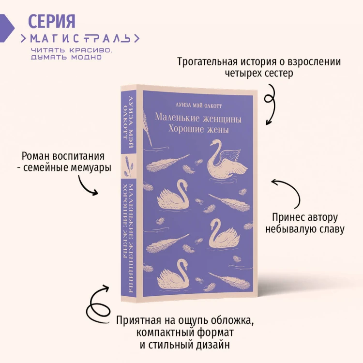 Набор книга и блокнот в точку young adult: Л. М. Олкотт "Маленькие женщины. Хорошие жены"и тематический блокнот "Нежные лебеди"