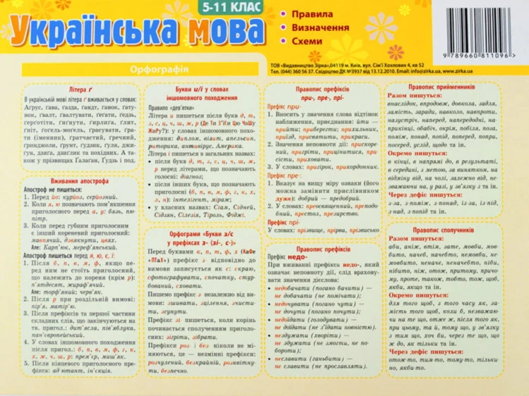 Картонка-підказка Укр. мова. Правила 5-11 кл 20*15 см 4стор