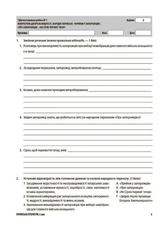 Усі діагностувальні роботи. Українська література. 5 клас. КЗП022