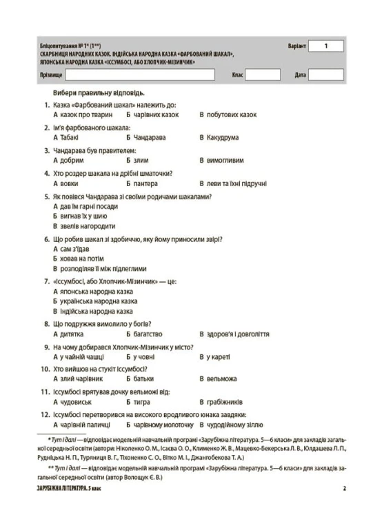 Усі діагностувальні роботи. Зарубіжна література. 5 клас КЗП023